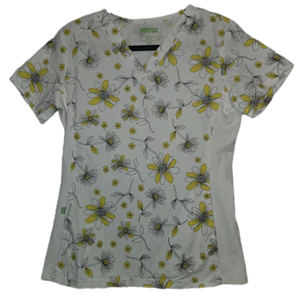 Health Pro Uniform Scrub Top Women's Size Small White Yellow Flowers Medical